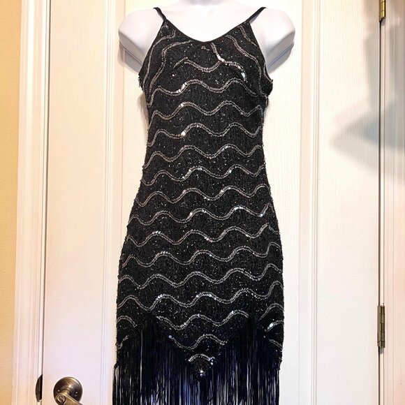 Pixiemain Women's 1920's Flapper Fringe Sequin Party Mini Dress-Sz XS-Black - Picture 3 of 15